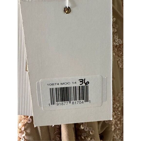 Mac Duggal NWT Sequined Faux Wrap Ruffle Asymmetrical Hem Dress in Mocha Size 14 - Picture 7 of 8